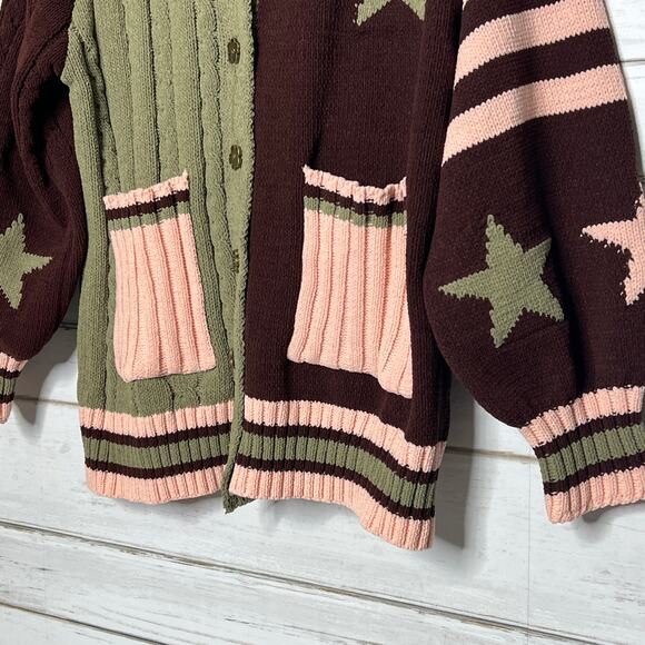 POL Star Varsity Cardigan Brown Pink Button Knit Sweater Size Small - Picture 2 of 8